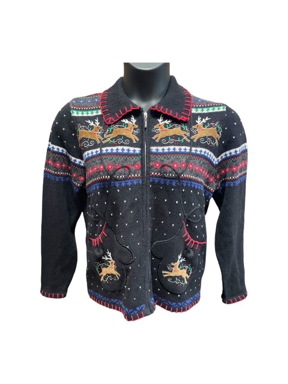 Vintage Ambra Ugly Christmas Sweater Cardigan Reindeer Mitten Pocket Zip Up Sz S